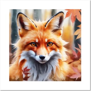 Fox with autumn leaves Posters and Art